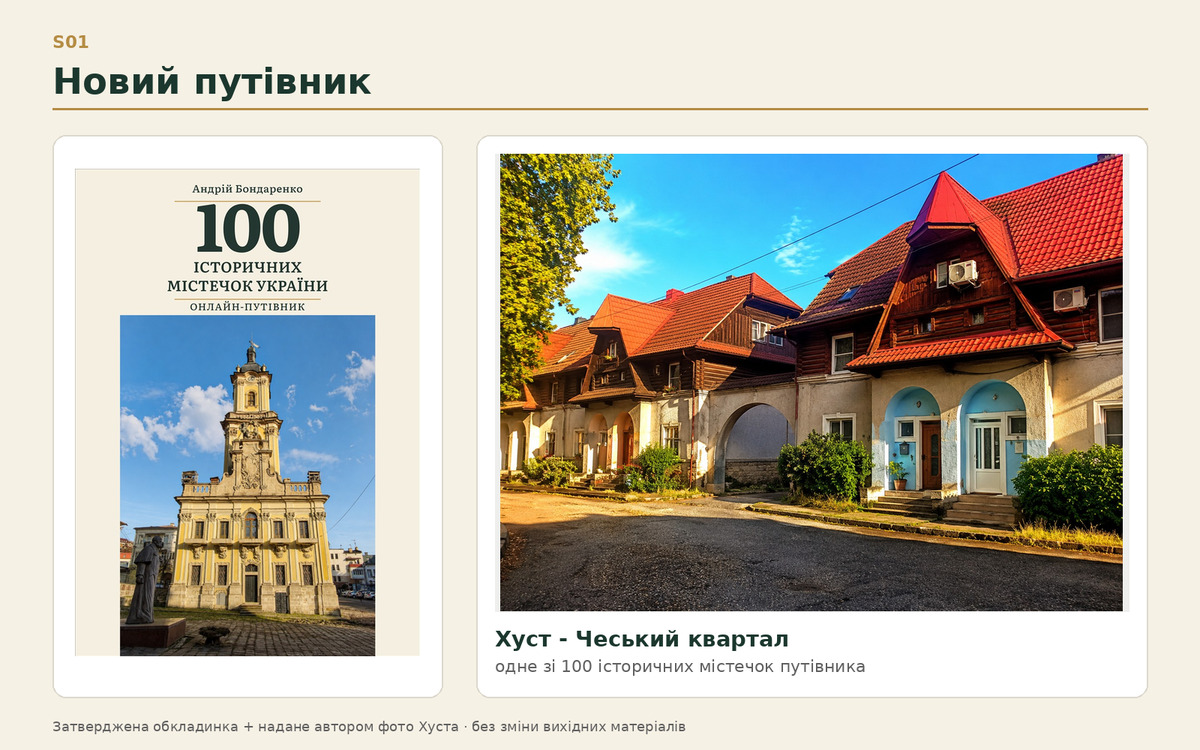 Обкладинка путівника «100 історичних містечок України» та фотографія Чеського кварталу в Хусті.