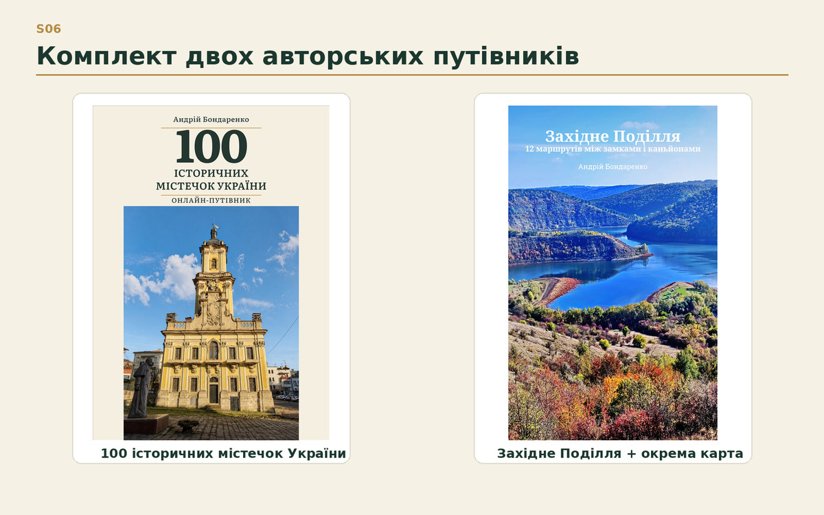 Поруч обкладинки двох цифрових книг: «100 історичних містечок України» та «Західне Поділля: 12 маршрутів між замками і каньйонами».